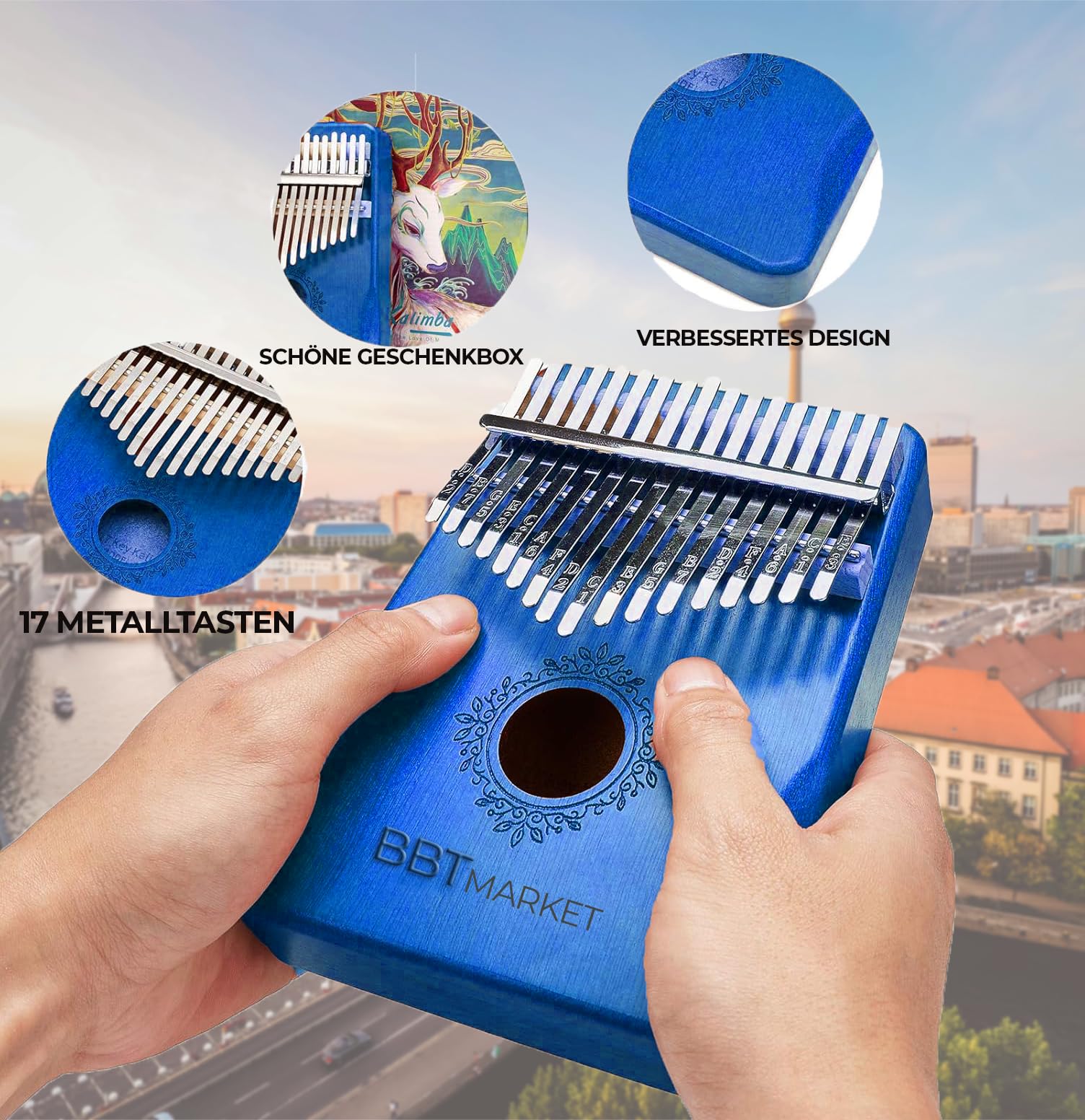 Kalimba 17 Tasten Daumenklavier aus Akazienholz – Thumb Piano Fingerinstrument – C-Dur – Tragbar, gestimmt, mit Notenprägung – Musikinstrument für Anfänger & Profis (Blau)