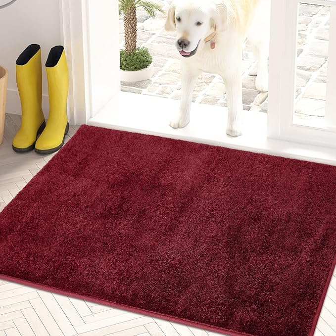 PURRUGS Dirt Trapping Door Mat 24" x 35.5", Non-Slip Machine Washable Entry Rug, Shoe Scraper, Dog Doormat, Super Absorbent Welcome Mat for Front & Back Door, Muddy Shoes & Paws, Burgundy Red