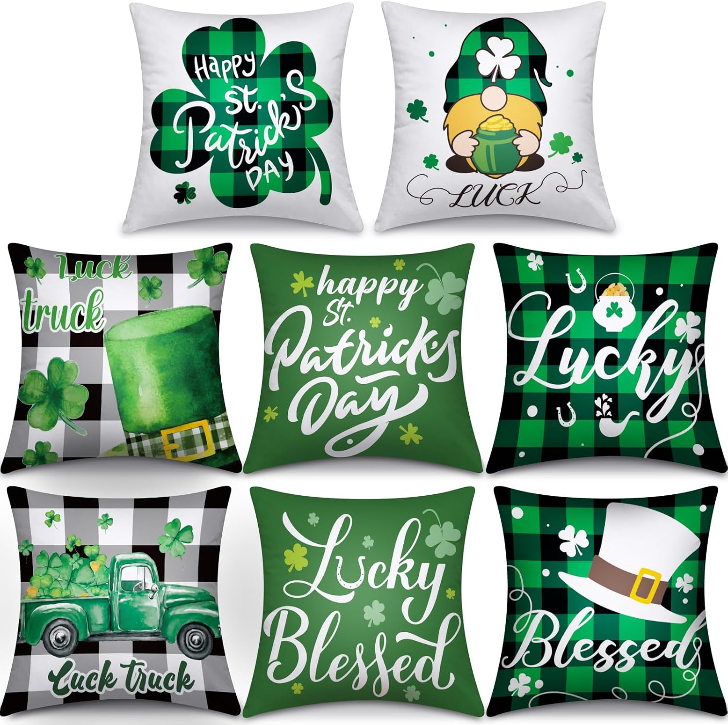 Mixweer Set of 8 St Patrick's Day Pillow Covers 18 x 18 Inch Lucky Charm Shamrock Truck Green Throw Pillow Covers Decorations Case for Sofa Couch Home
