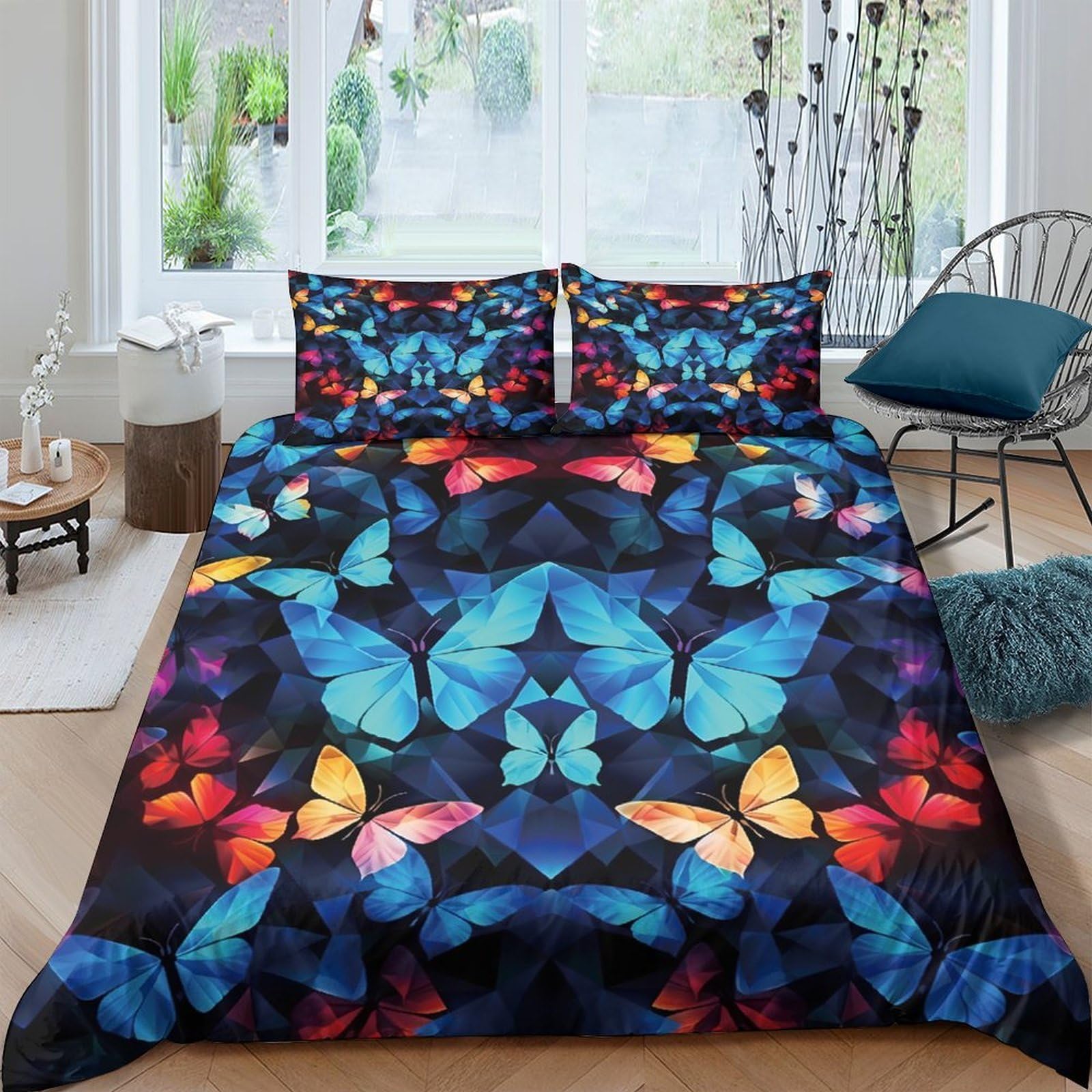GPLZQXKJNH 3D Printed Butterfly Duvet Cover Microfiber Soft Breathable Rainbow Abstract Bedding Set with 2 Pillowcases for Bedroom Decor Single（135x200cm）