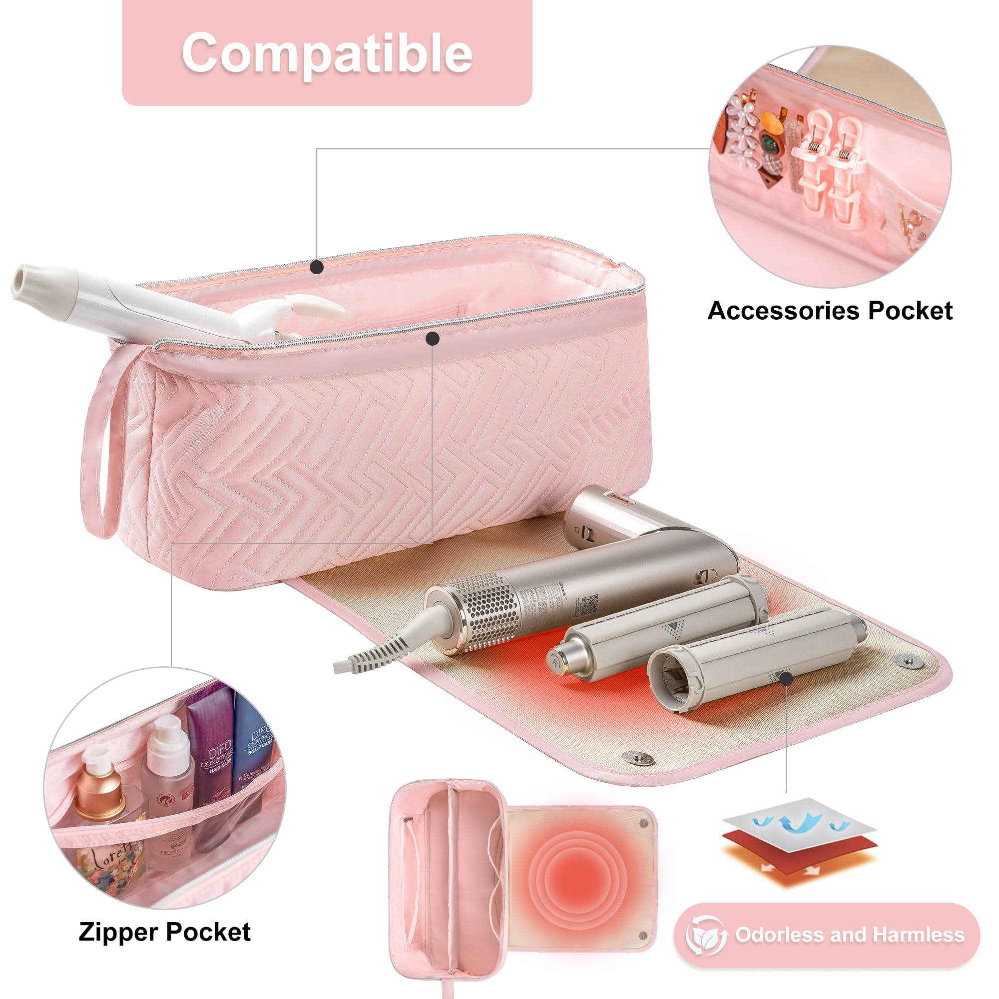Bolsa de viaje para mujer, resistente al calor, para artículos esenciales de viaje, alisadores, planchas planas, rizadores, cepillos de aire caliente y secador de pelo, bolsas organizadoras 2 3