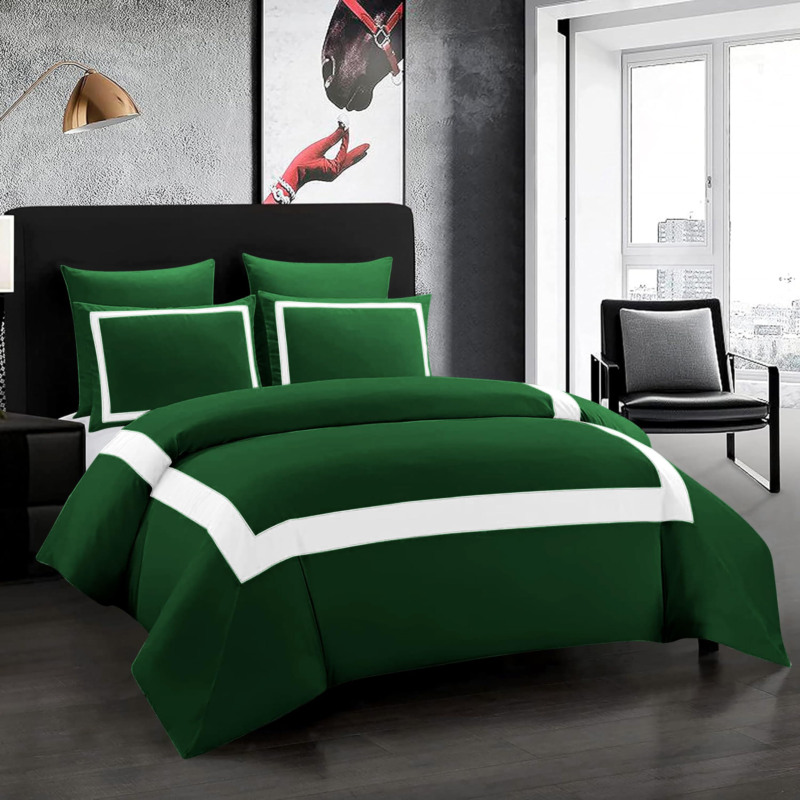 5 Piece Luxurious Full Green and White Border Line Pattern Duvet Cover Bedding Comforter Cover with 4 Insided Corner Ties, 1000 Thread Count (Full/