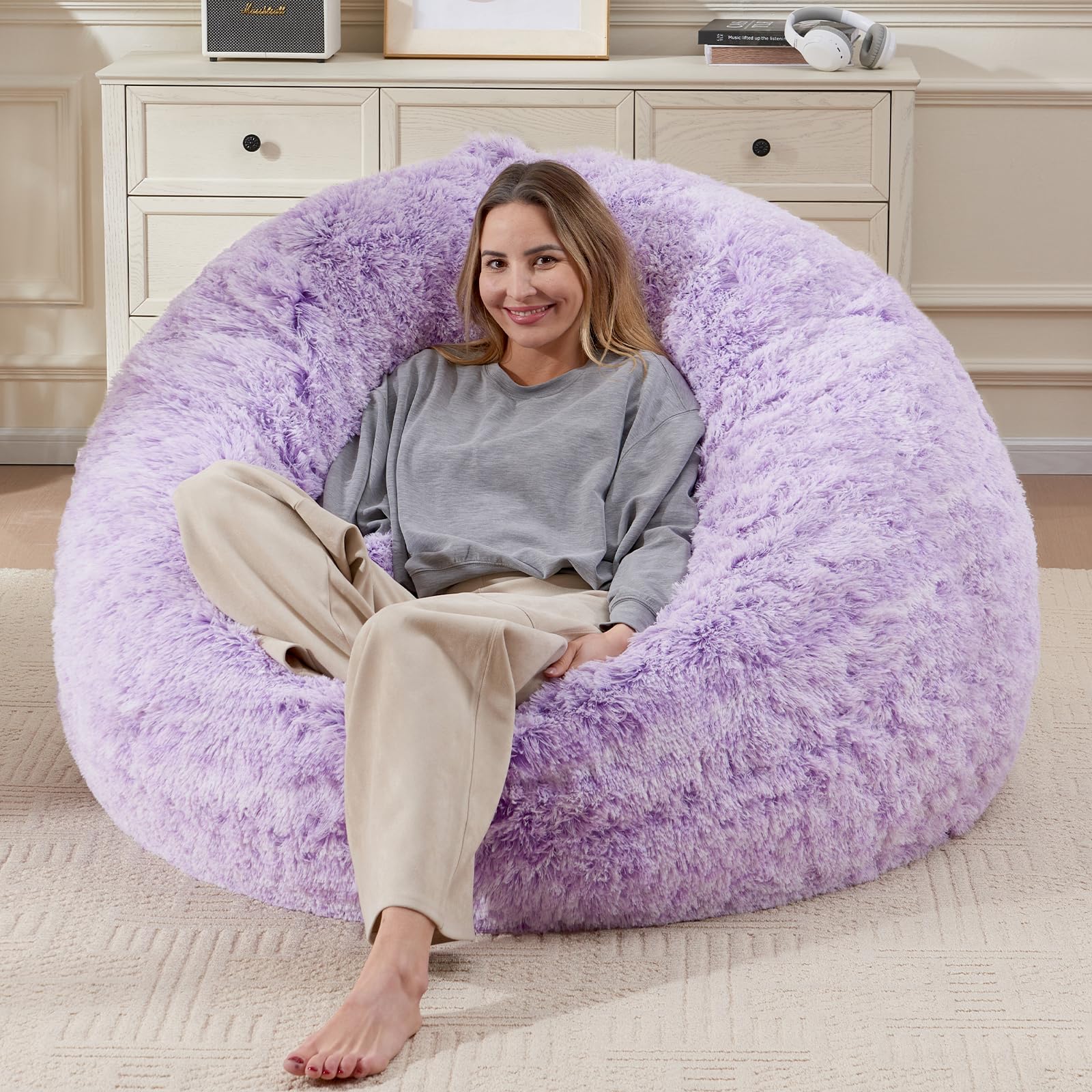 Photo 1 of 5FT Bean Bag Cover for Stuffed Animals Machine Washable, Gaming Bean Bag Chairs for Adults Teens Girls, Lovely Cute Bean Bag Storage Stuffed Animal, Purple