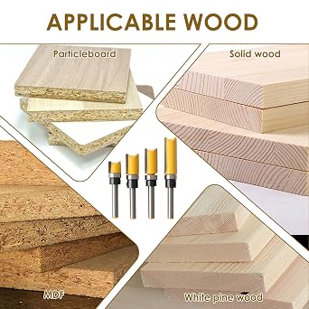 4-Piece Shank Flat Flush Trim Router Bits 1/4 Shank Set, Professional Woodworking Template Cutter with Bearing, Solid Tungsten Steel for Edge, Groove, 3D Corner Processing