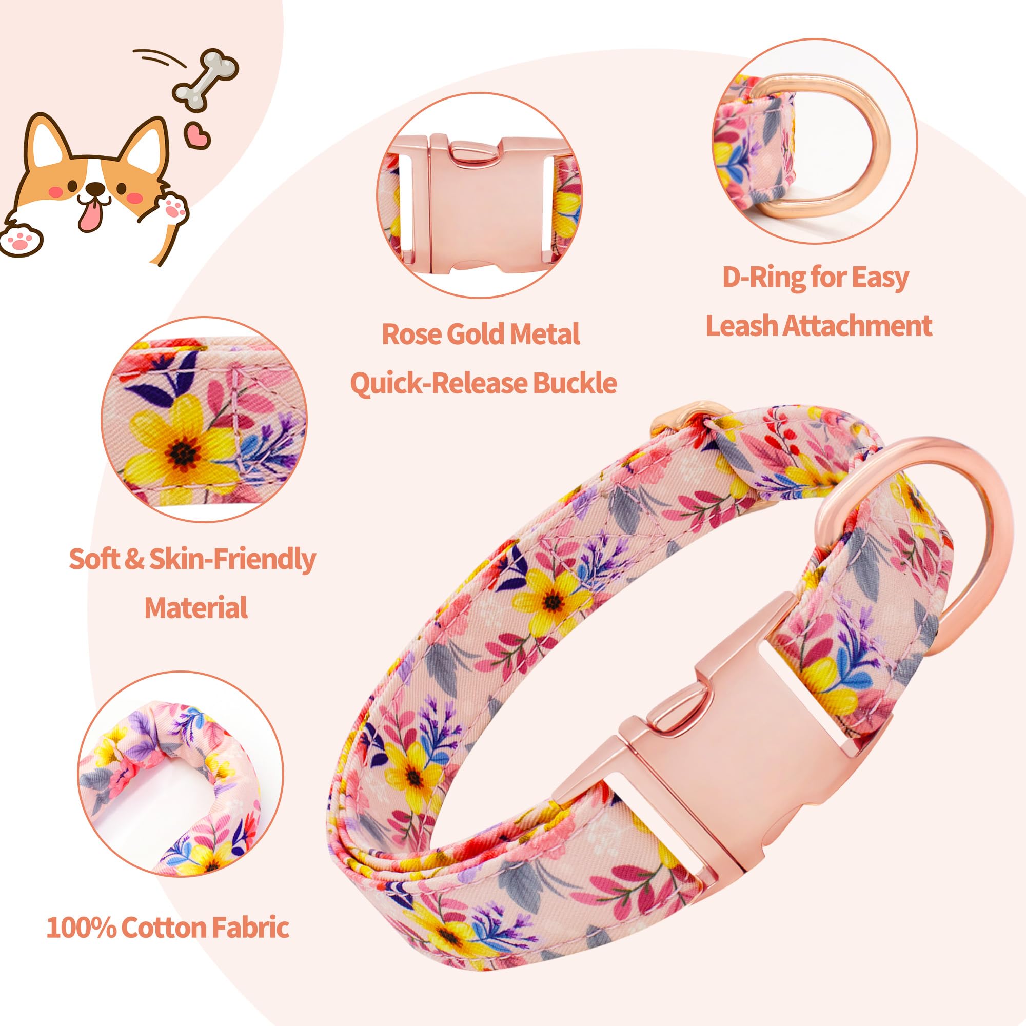 Dote on Dog Collar and Lead Set including Bow Tie, Girl Dog Collar with Detachable Flower with Strong Gold Buckle - Image 4