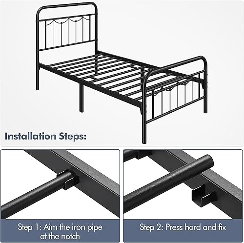 Miniatura 9 de Topeakmart Base de cama de metal individual con cabecera y estribo vintage, marco de cama de metal resistente de 13 pulgadas con almacenamiento,