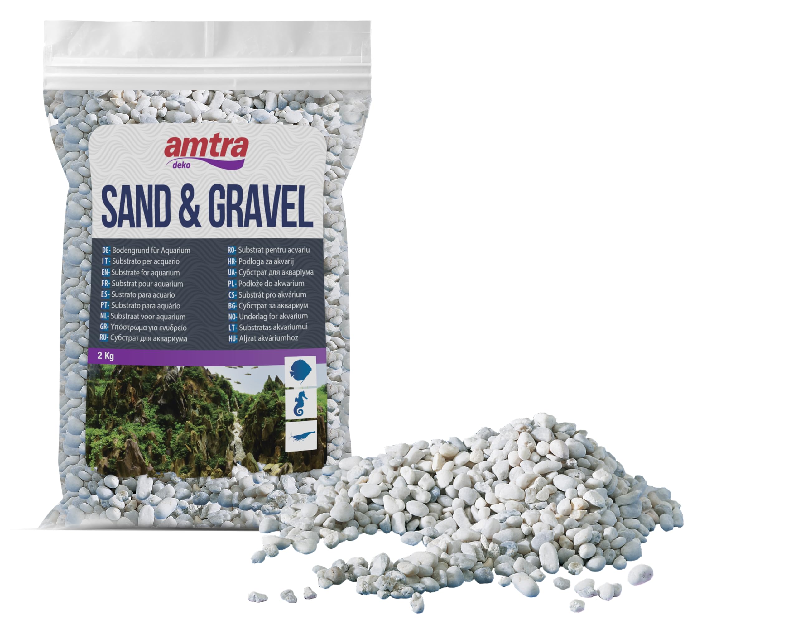 Amtra Gravel Noa, Grava Natural Para Acuarios, Piso Decorativo, Granos Gruesos Blancos De 4-8 Mm, Formato 2 Kg