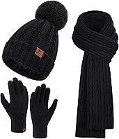 Vista 1 de Womens Winter Warm Beanie Hat Touchscreen Gloves Long Scarf Set Rib Cable Knit Fleece Lined Skull Pom Caps
