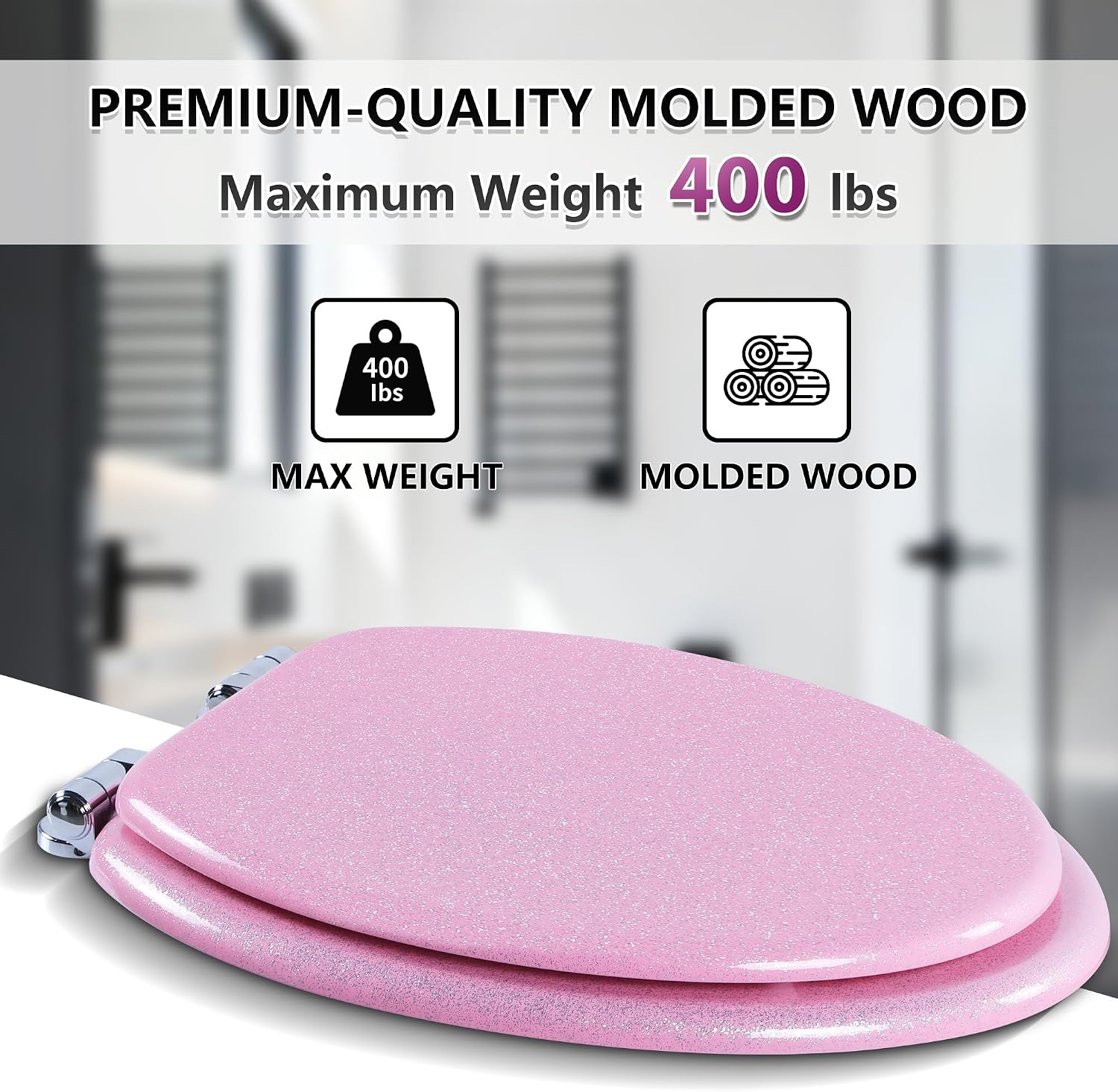 Angol Shiold Glitter Toilet Seat Molded Wood Elongated Toilet Seat with Quietly Close and Quick Release Hinges, Easy to Clean also Easy to Install (Elongated 18.5'', Pink)