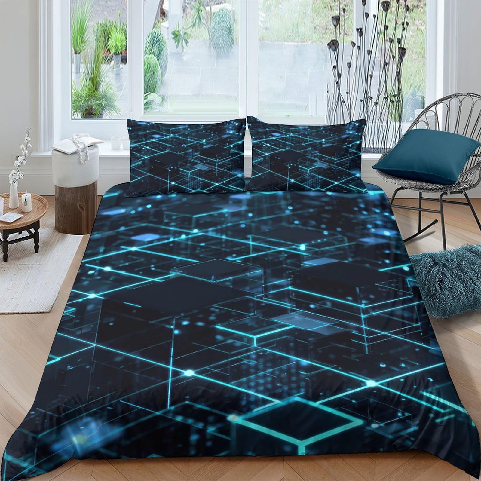 Ctjqhvkz Style-5 3D Printed Futuristic Geometric Fitted Sheet Microfiber Soft Black Blue Lines Bed Cover For Bedroom Dorm Mattress Decor Single（135X200cm）