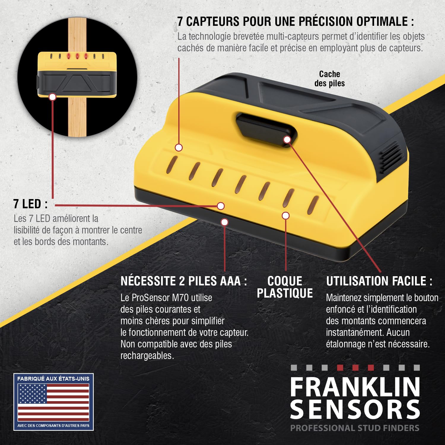 Franklin Sensors ProSensor M70 Détecteur de Montants Professionnel avec 7 capteurs pour Une précision maximale Détecte Les Clous en Bois et métal avec Une Vitesse Incroyable Jaune
