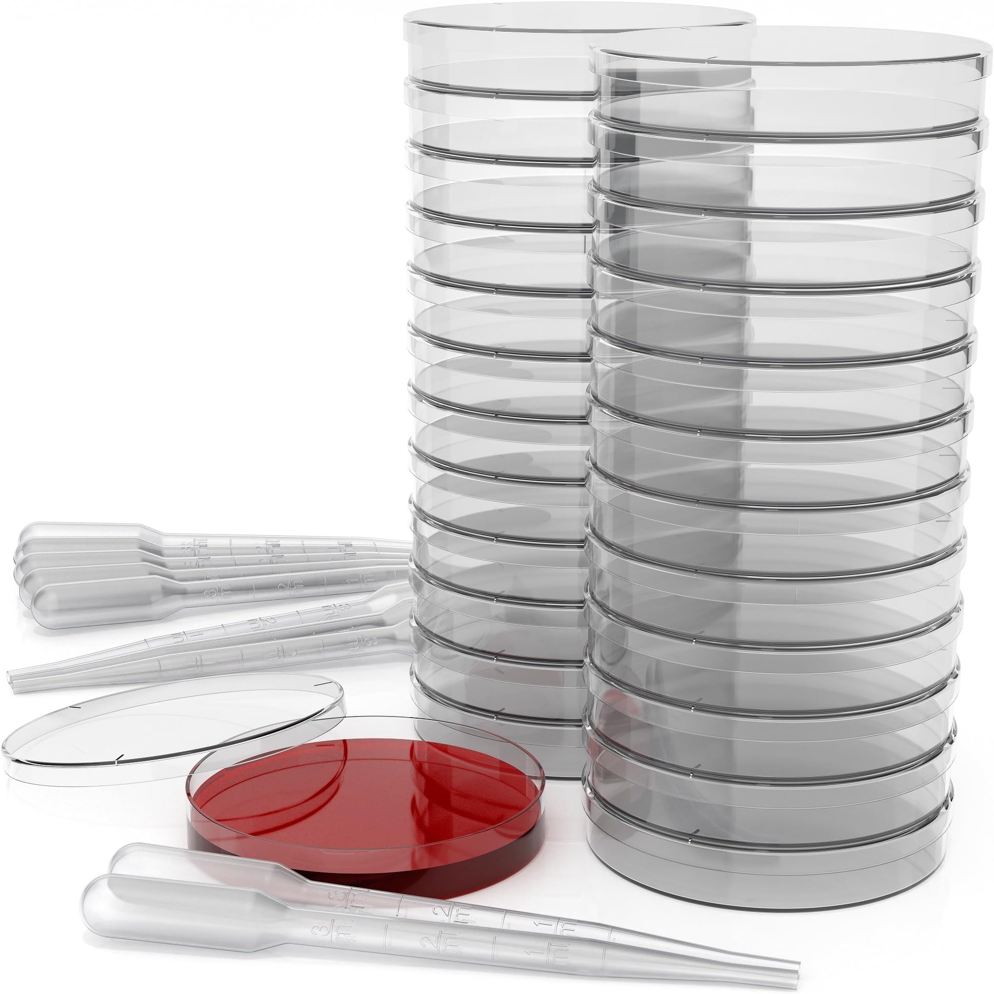 90mm x 15mm Sterile Plastic Petri Dish Set with Lid, Vented (Pack of 25) - Comes with 10 Plastic Transfer Pipettes (3mm) - Perfect Kit for School Science Fair Projects and Birthday Parties