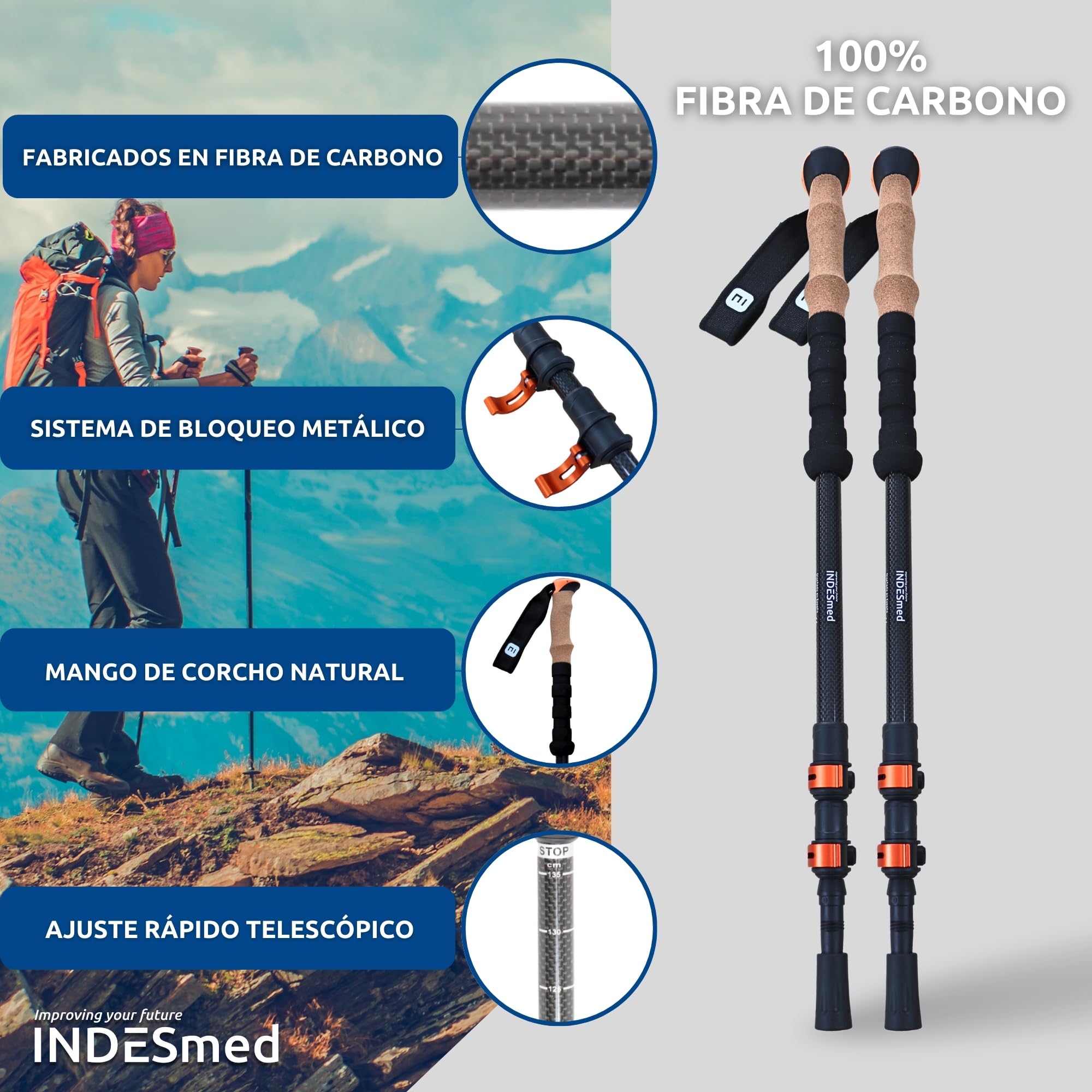 INDESmed | Bastones de Trekking 100% Fibra de Carbono – Ultraligeros, Telescópicos y Ajustables con Cierre Metálico Rápido | Bastones de Senderismo para Montaña, Trail Running y Nordic Walking