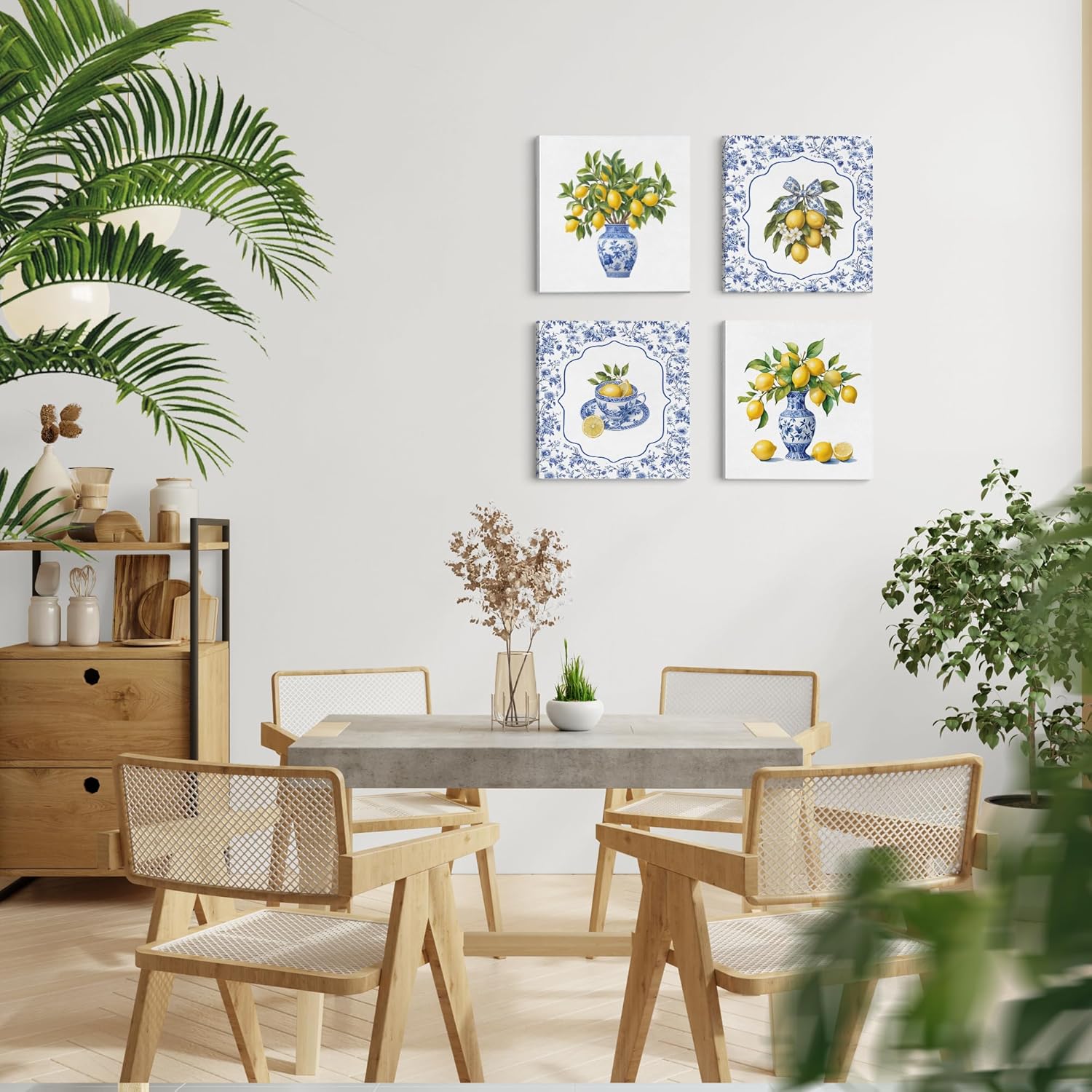 LUKIPOM Chinoiserie Lemon Wall Art Posters, Grandmillennial Home Decor, Blue and White Floral Porcelain Lemon Tree Canvas Prints Artwork for Kitchen Wall Decor, 8x8Set of 4