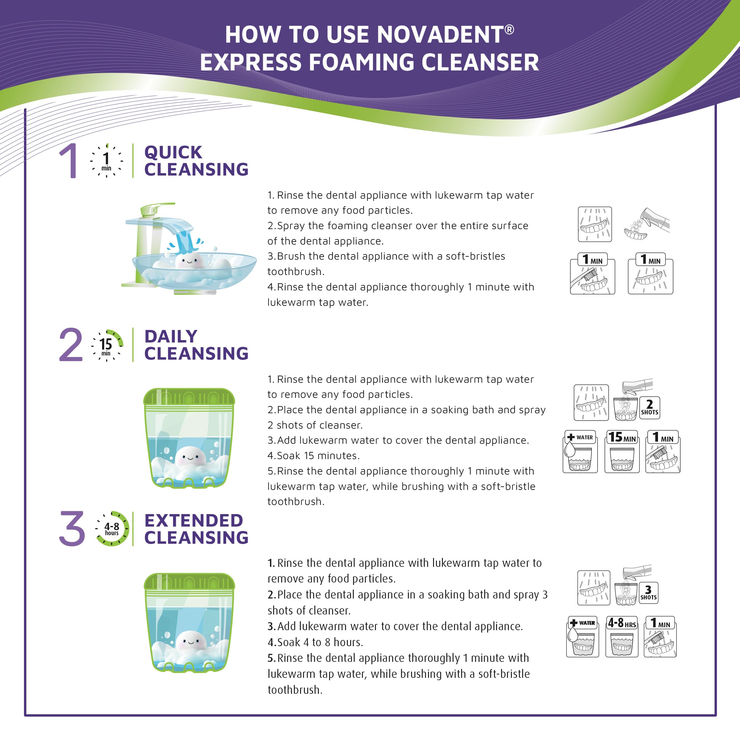 Novadent Express - Limpiador de espuma para aparatos dentales, retenedores, bandejas, protectores bucales, alineadores de dientes, pulverizador con 2 recambios