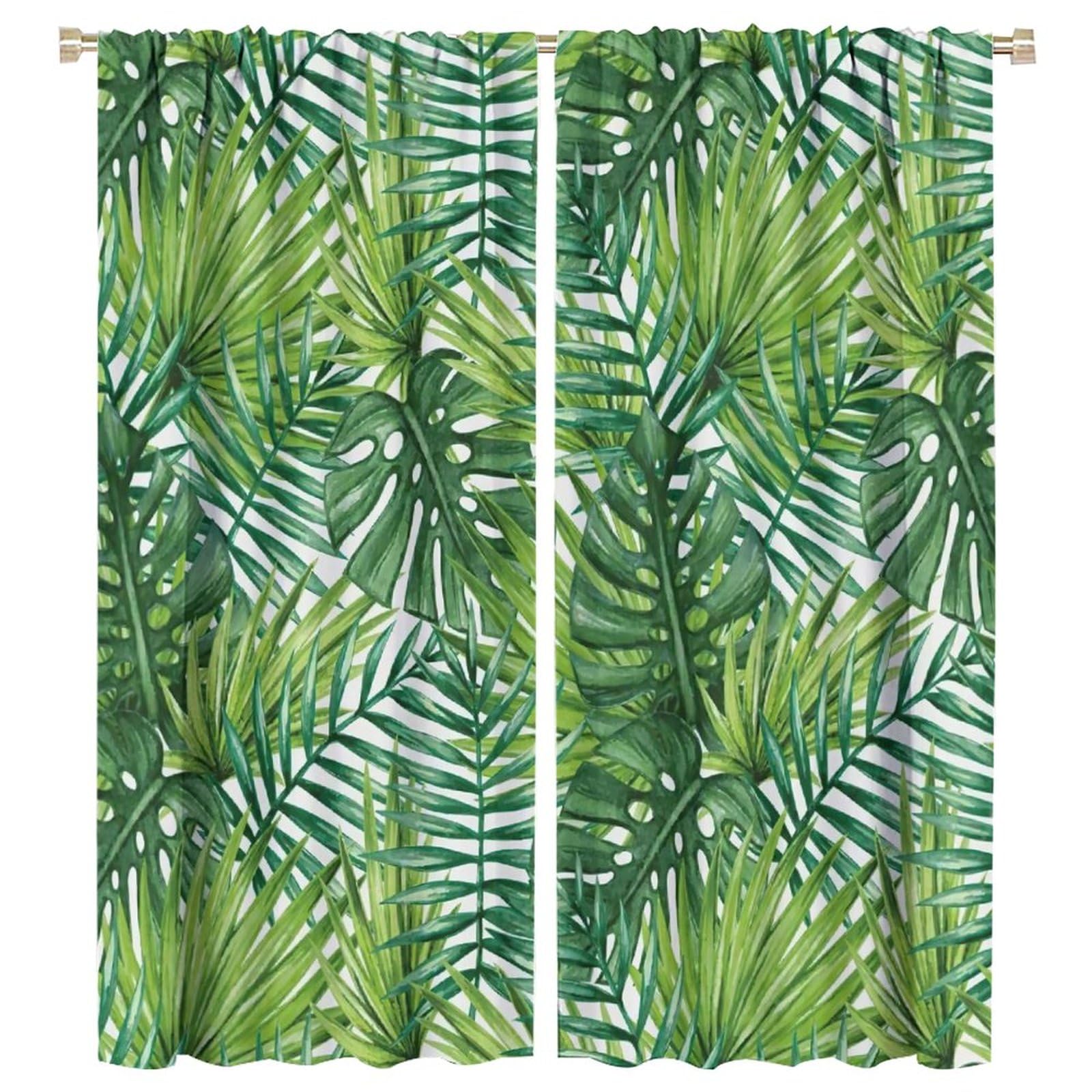 BenYaSong Tropical Leaf Blackout Curtains Room Darkening Window Drapes Nature Plants Green Leaves Theme Print for Home Kitchen Office Coffee Room Window Curtain Drapes 2 Panels 55x63in