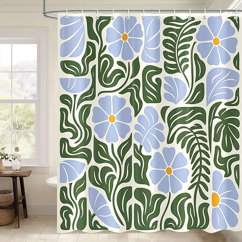 Cortina de ducha abstracta vintage floral azul, estilo bohemio, retro, moderno, azul y verde, decoración de baño, bonita decoración de baño de