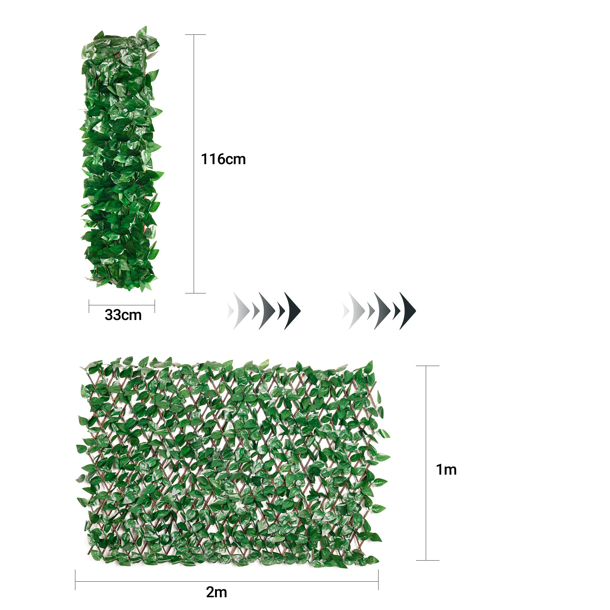 Sztuczny żywopłot, ochrona prywatności z bluszczu, sztuczne rośliny, na balkon, do ogrodu, 100 x 200 cm, wysuwany rozmiar (liście C)