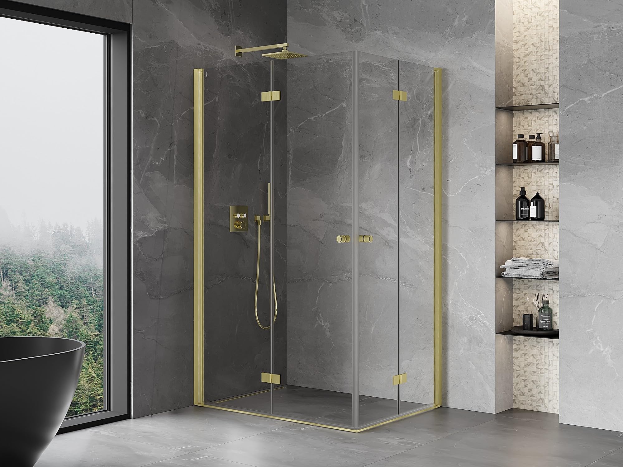 Mexen Mist-F Duo Box doccia pieghevole, variante sinistra, 120 x 80 cm, vetro trasparente 6 mm, finitura oro spazzolato