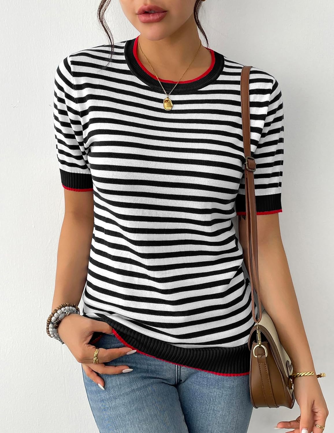 Zeagoo Womens Summer Tops Casual Short Sleeve Striped Sweater Shirt Crewneck Color Block Knit Blouses - Image 2