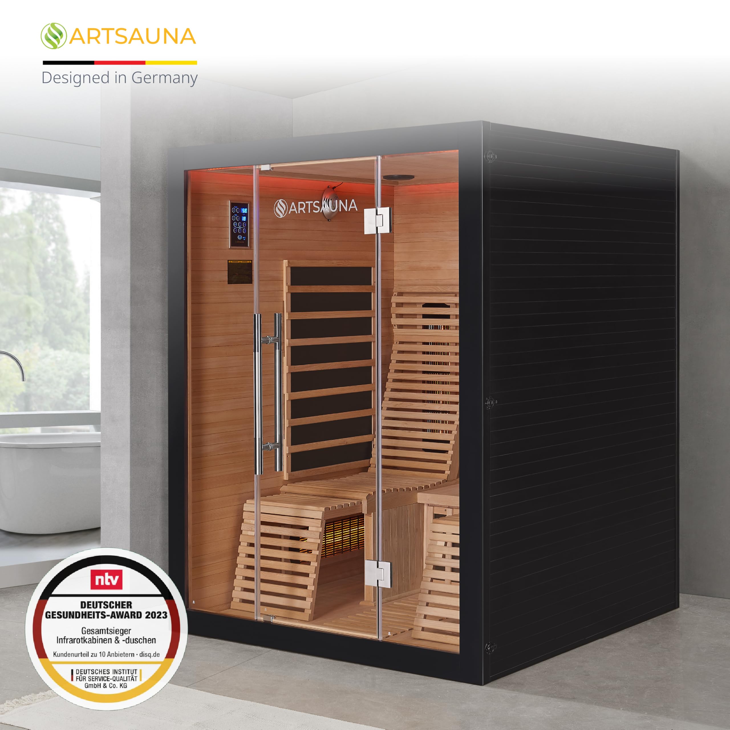 Artsauna Infrarotkabine Helsinki 150 Dual Technologie, LED - Infrarotsauna 150x150 cm - 1 Bank, 2 Liegen für 3 Personen - Wärmekabine Schwarz Black