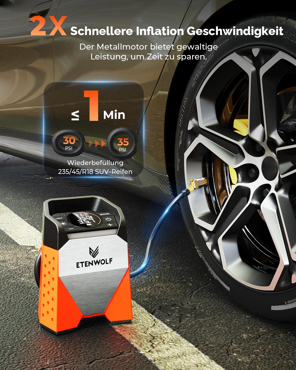 ETENWOLF ZEPHYR S3-7800mAh Elektrische Luftpumpe, 160 PSI/11.03Bar Tragbarer Luftkompressor Für Auto,Motorrad,Fahrrad,Bälle, 1 Minute Schnellbefüllung und Digitalen LED Leuchten, USB-Powerbank
