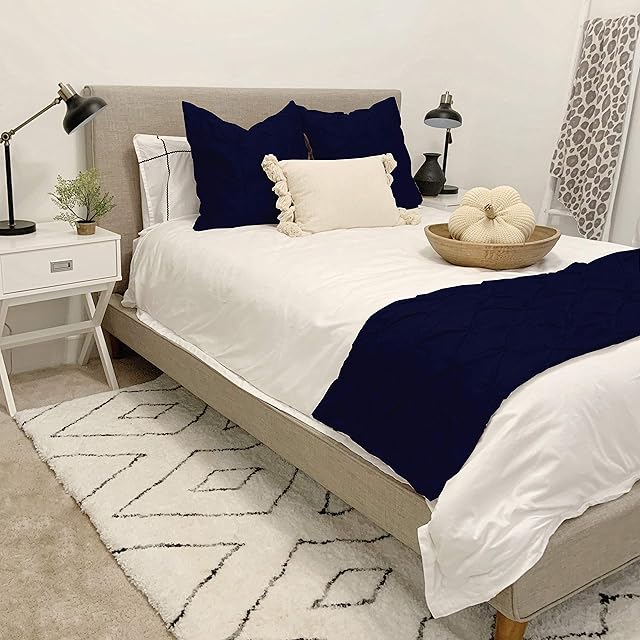 Kotton Culture Pinch Pleated Bed Runner 3 Pieces with 2 Pillow Shams Diamond Pintuck Egyptian Cotton Soft Fade-Resistant Easy Care Decorative Bed Scarf [ (108" X 18"), Navy Blue]
