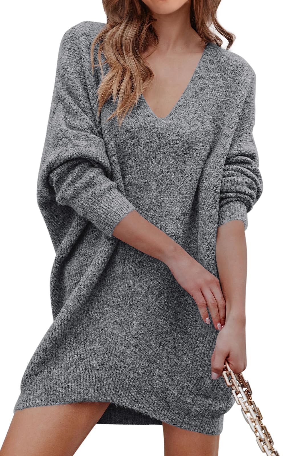 PRETTYGARDEN Women's Pullover Sweater Dress Casual Long Sleeve Ribbed Knit V Neck Loose Oversized Sweaters Dresses