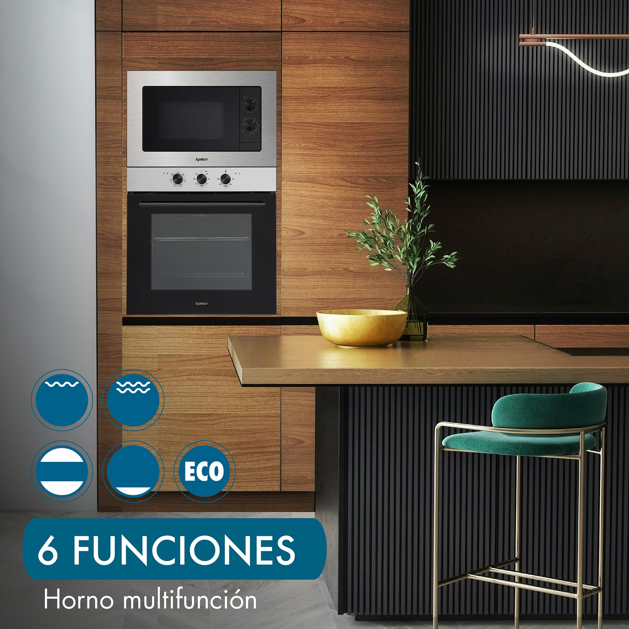 Apelson Horno Estático Multifunción AMS 5001 76L, 6 Funciones de Cocción, Puerta Fría Triple Cristal, Programador Mecánico con Paro Automático, Clase A, Acabado Inox y Cristal Negro,