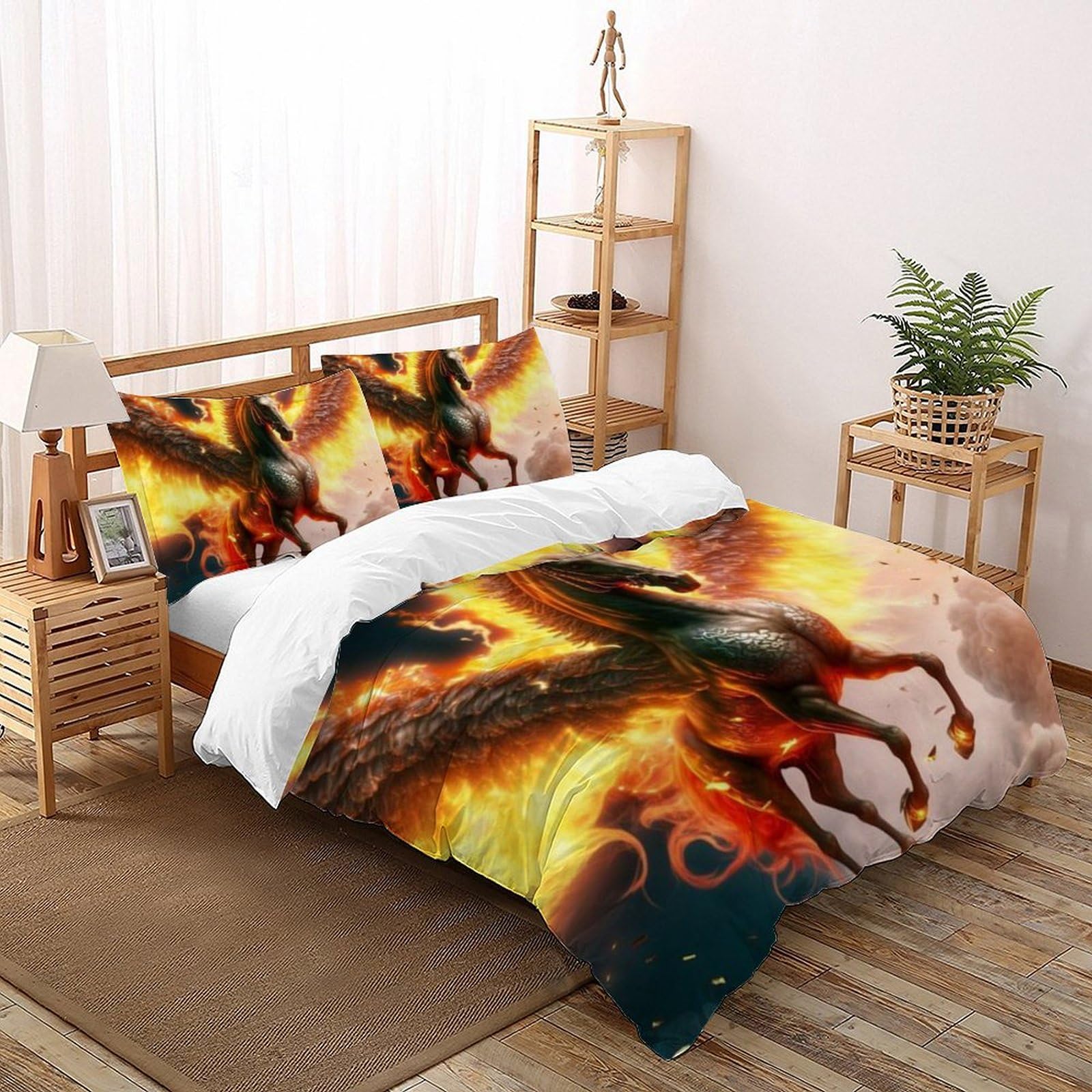 Housse de couette cheval flamboyant parure lit 3 pièces microfibre super king