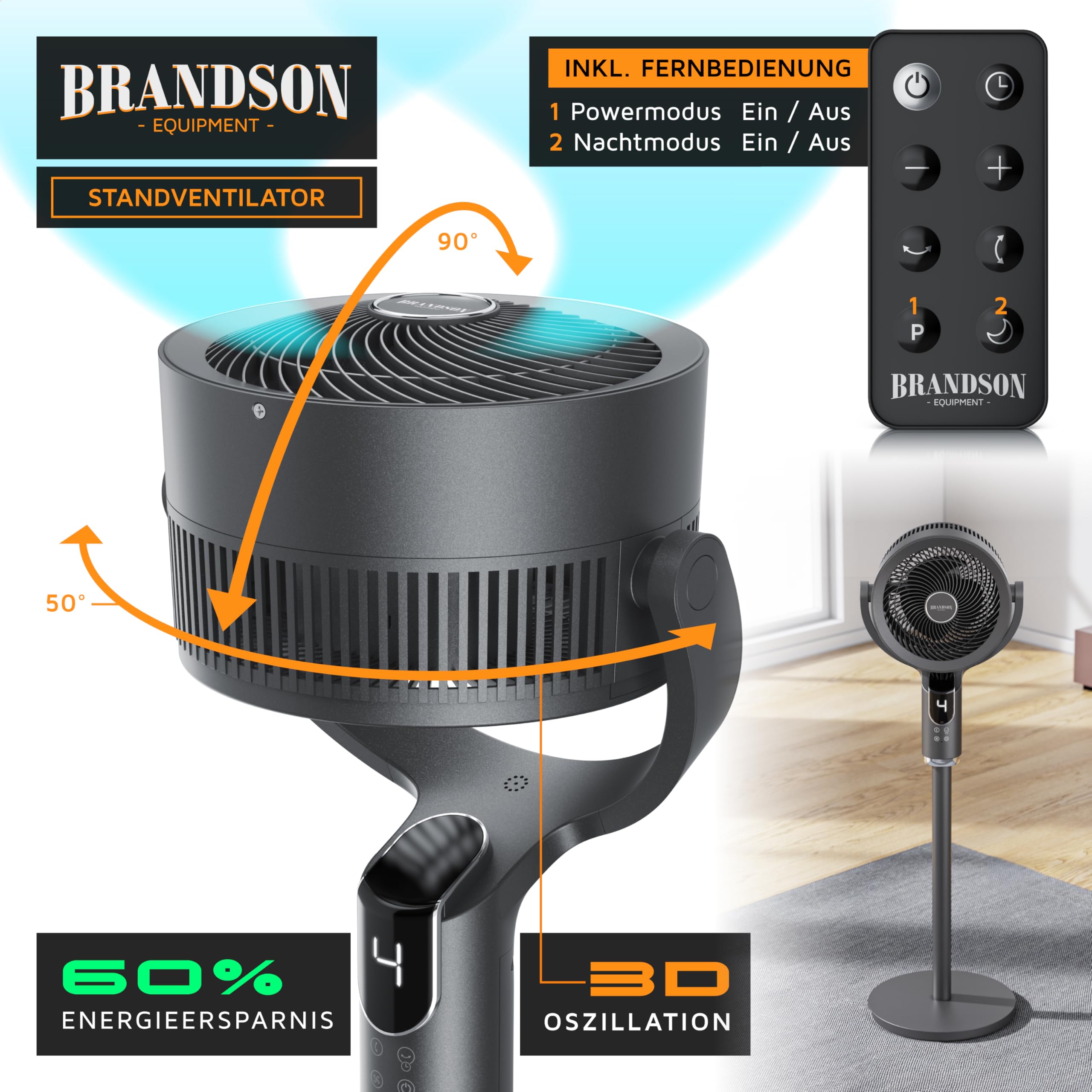 Brandson – 3D Standventilator mit Fernbedienung, Sieger Life & Living Award 2026, 3D Oszillation, Extra Leise, Sleep Modus, 8 + 1 Geschwindigkeitsstufen, für Schlafzimmer Wohnzimmer Kinderzimmer Büro