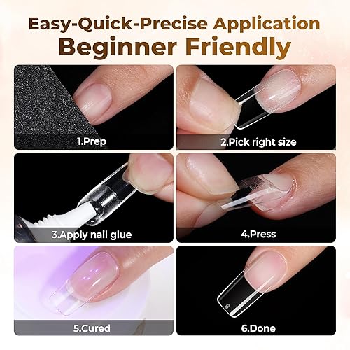 Miniatura 9 de UNA GELLA Uñas postizas cuadradas, 504 puntas de uñas de gel transparentes a presión, preforma para uñas cuadradas de cobertura completa, uñas