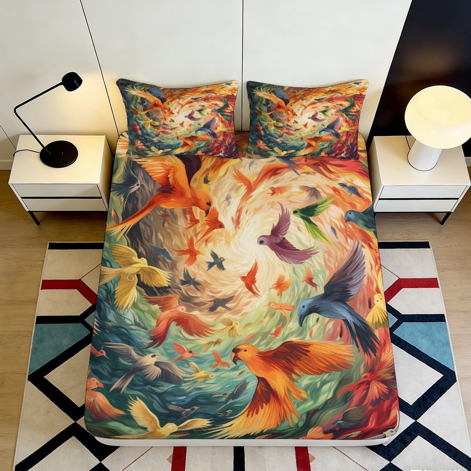 3D Printed Colorful Bird Fitted Sheet Microfiber Full Wrap Deep Pocket Bedroom Birds Mattress Fitted Cover Washable 140x200x25cm