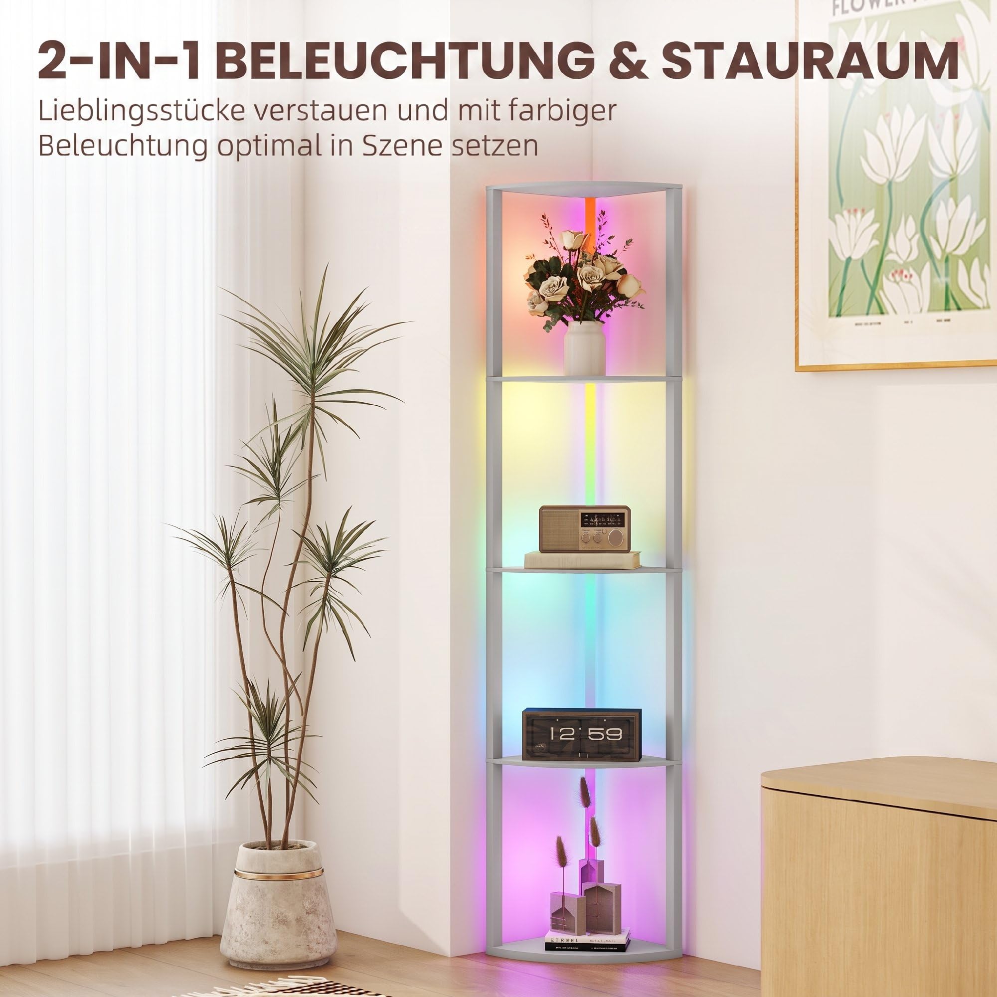 HOMCOM lampa podłogowa LED RGB z półkami, 4-poziomowa, z regulacją jasności i pilotem, nowoczesna lampa narożna do salonu, sypialni i biura, szara