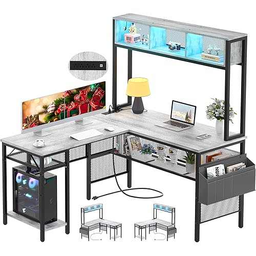 Unikito L Shaped Computer Desk with LED Strip and Power Outlets, Reversible L-Shaped Corner Desk with Storage Shelves and Bag, Industrial Home Office Desk Gaming Table with USB Port, White Oak