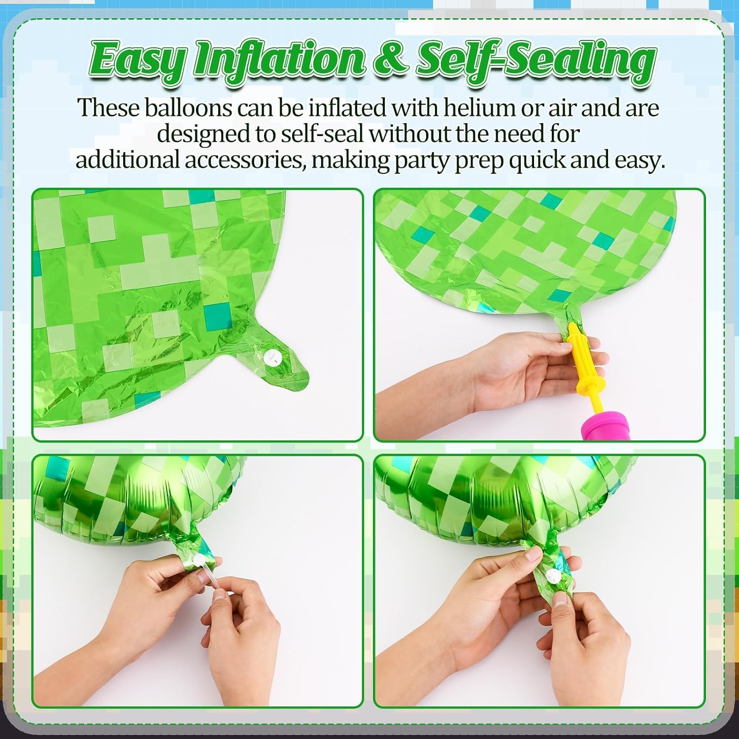 12 Pack 18 Inch Green Pixel Themed Foil Balloons-Happy Birthday Balloon Set for Vibrant Party Decorations,Durable & Reusable Foil Mylar Balloons,Perfect for Birthday Party Supplies(Green) image 4