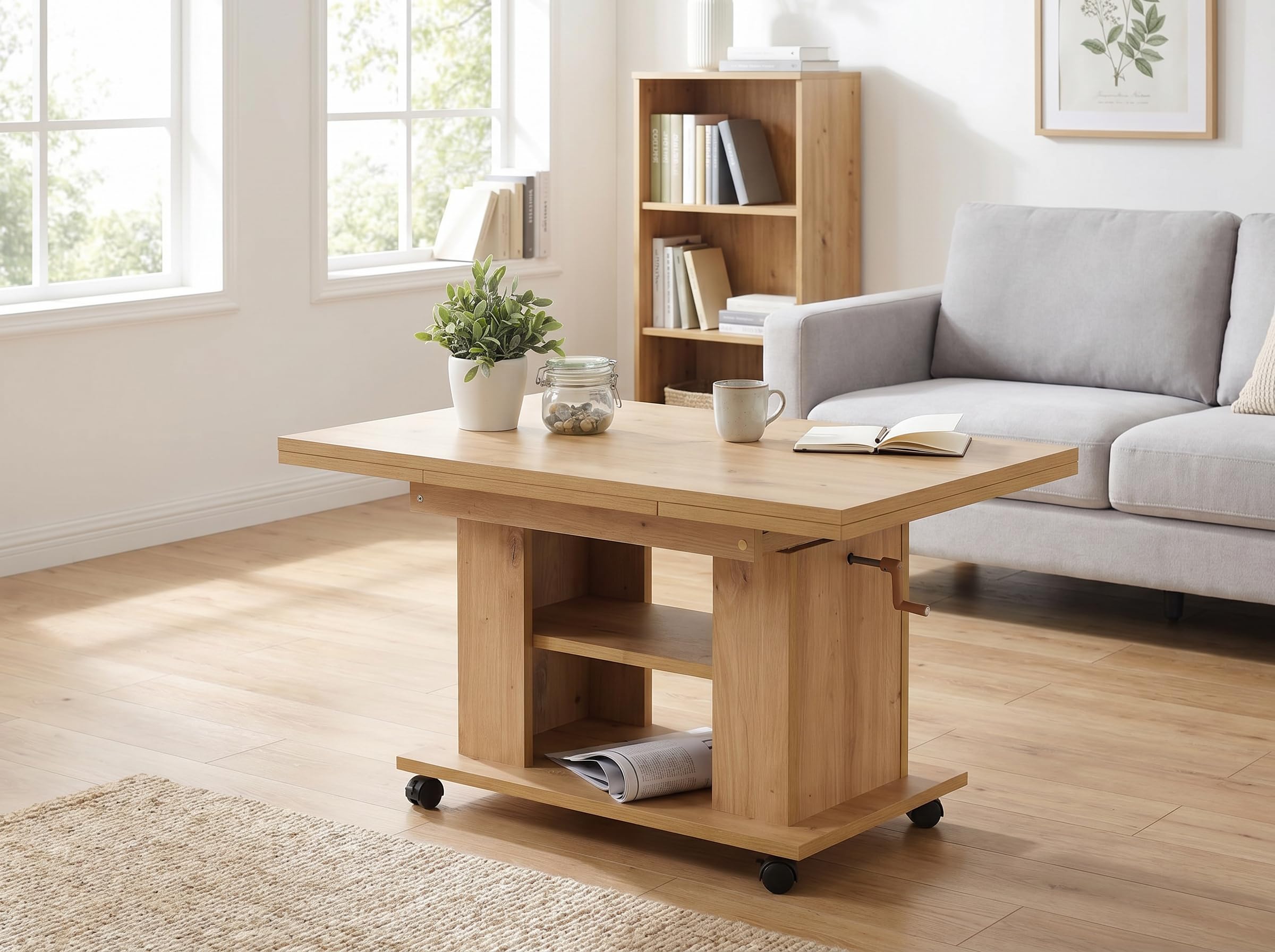 Hela Tische, Funktionscouchtisch Sofatisch Jakob, Holzoptik melaminbeschichtet, Eiche, höhenverstellbar 51-61cm, ausziehbar 90-142cm, auf Rollen Küche, Haushalt & Wohnen