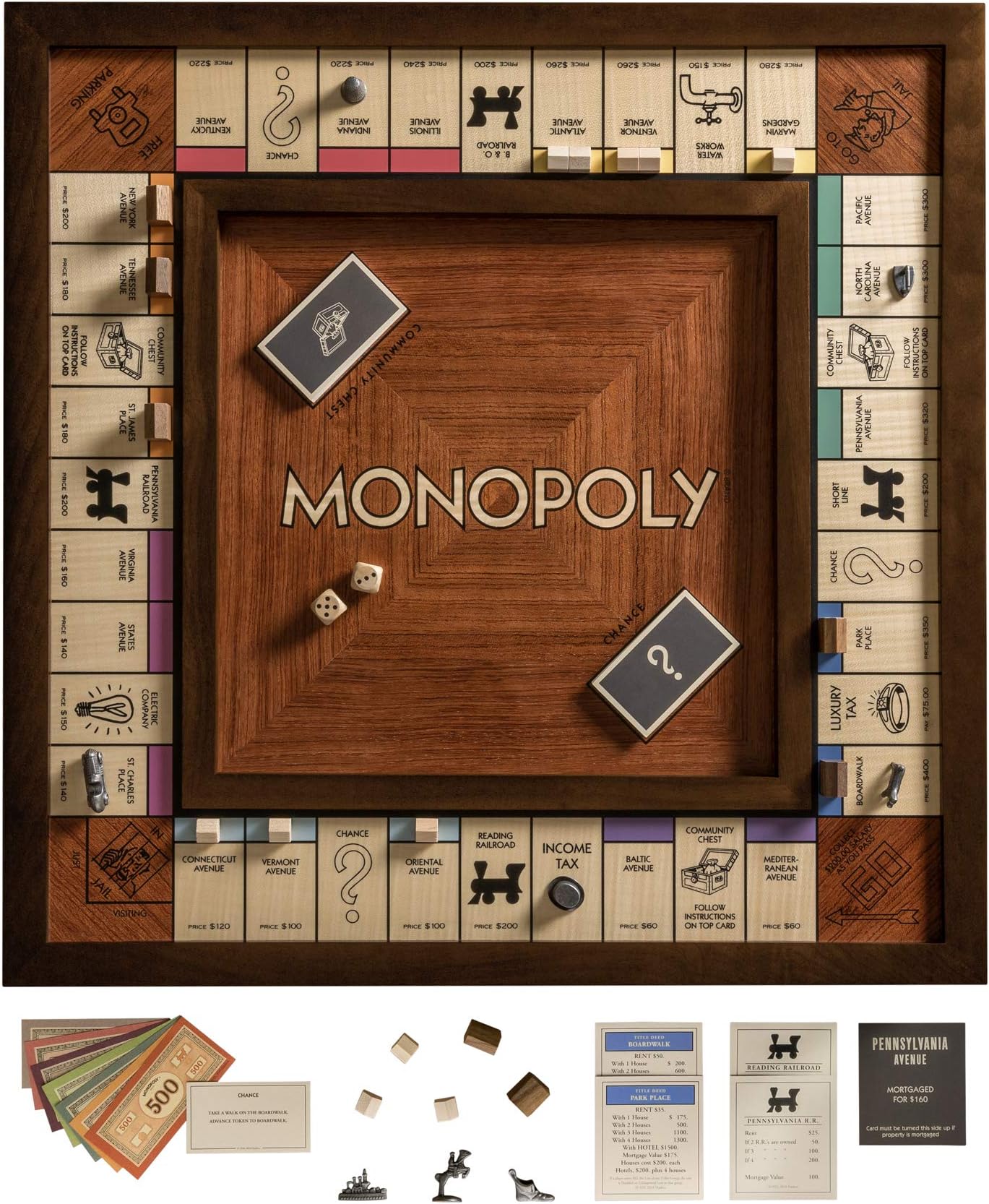 WS Game Company Monopoly Heirloom Edition – Luxury Walnut Stained Cabinet with Storage Drawer – Includes Metal Tokens, Wooden Houses, and Custom Cards – Deluxe Board Game for Adults and Families