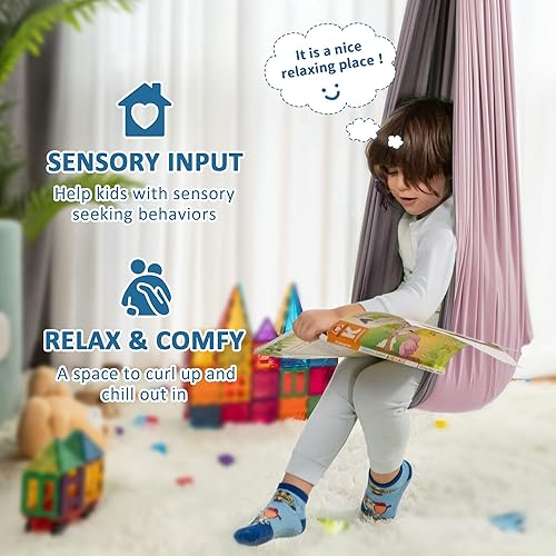 Vista 23 de OUTREE Columpio sensorial, columpio de terapia de doble capa con colgador giratorio de 360°, columpio sensorial curativo y relajante para niños