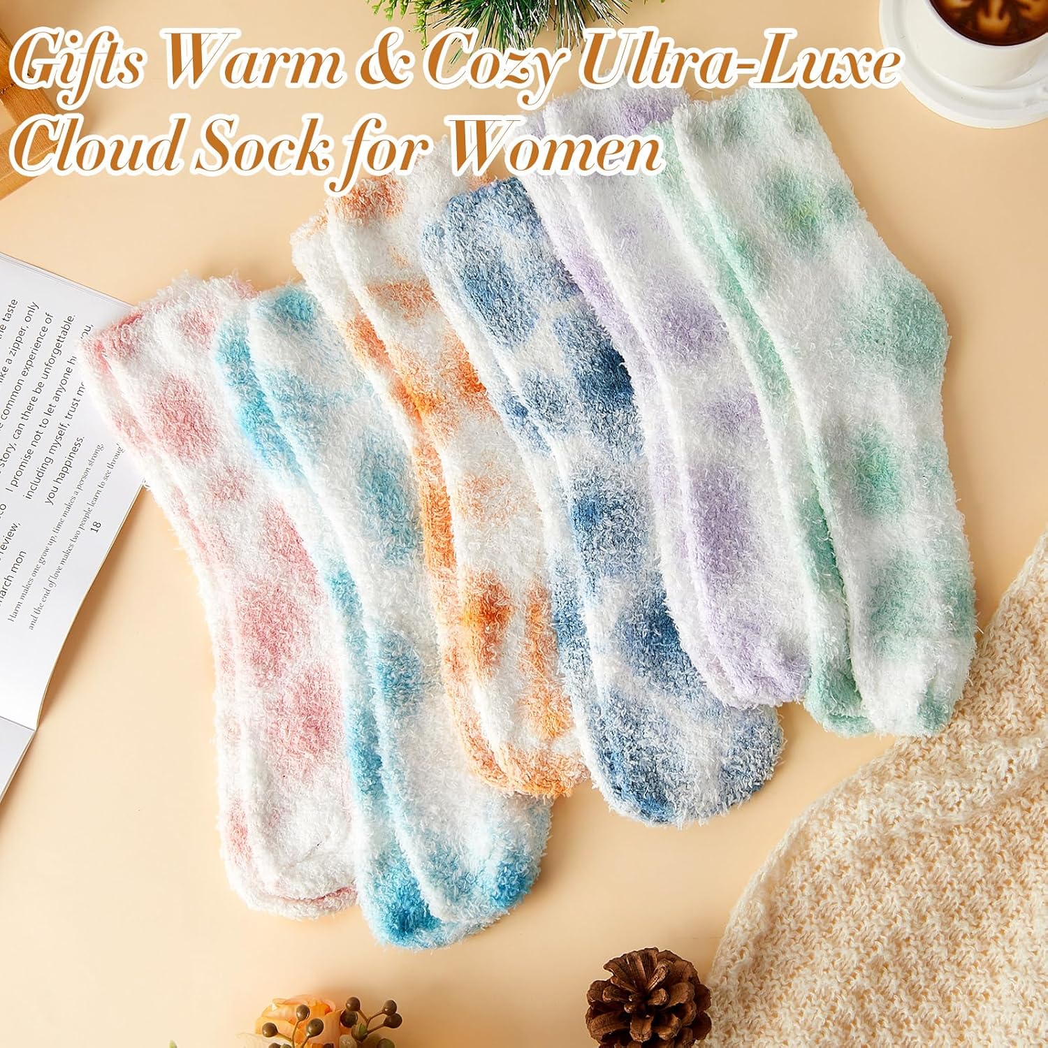 Geyoga 6 Pairs Tie Dye Fuzzy Socks for Women Soft Fluffy Cozy Slipper No-shedding Winter Warm Valentine's Day Gifts Plush Sleeping Sock, Pastel - Image 4