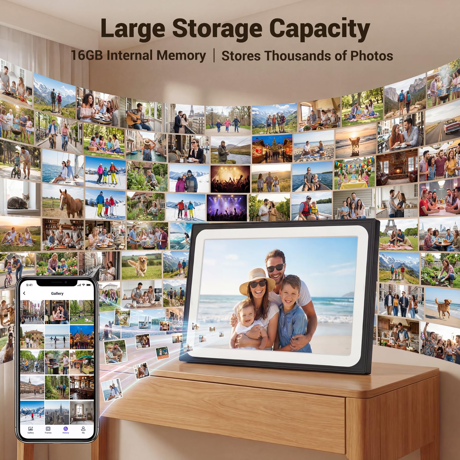 Marco de fotos digital de 10.1 pulgadas, pantalla táctil HD, marco de fotos digital habilitado para WiFi, almacenamiento de 16 GB, rotación automática, uso compartido instantáneo a través de