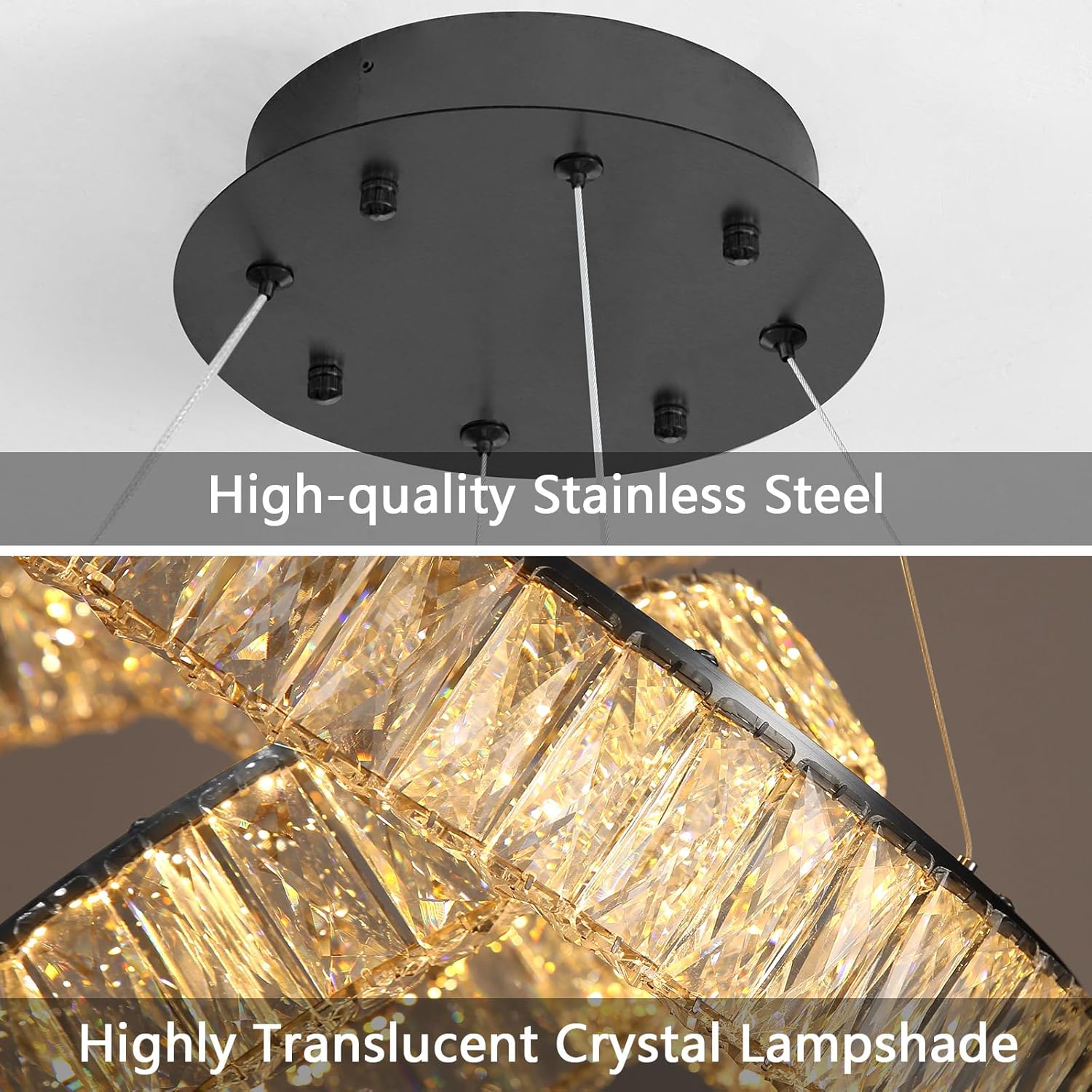 Modern Crystal Chandelier Dimmable LED Ring Pendant Lights Adjustable Glam Chandeliers Lighting Fixtures for Dining Room Living Room Bedroom Black Light