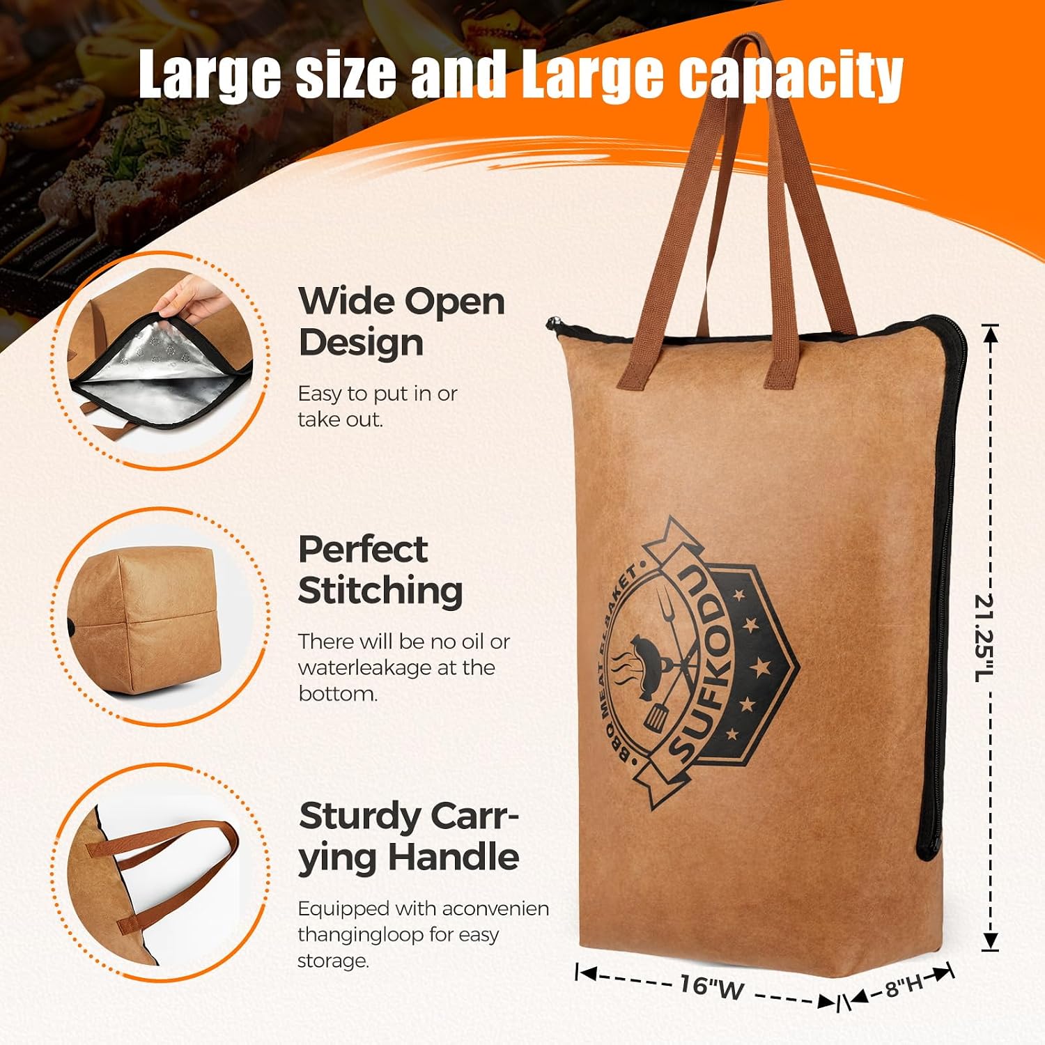 21in Insulated BBQ Blanket for Resting Meat, Heavy-Duty Meat Resting Bag with Wide Mouth for Briskets, Pork, Turkey, Moisture Retention - Smoker Accessories, BBQ Gifts for Men image 2