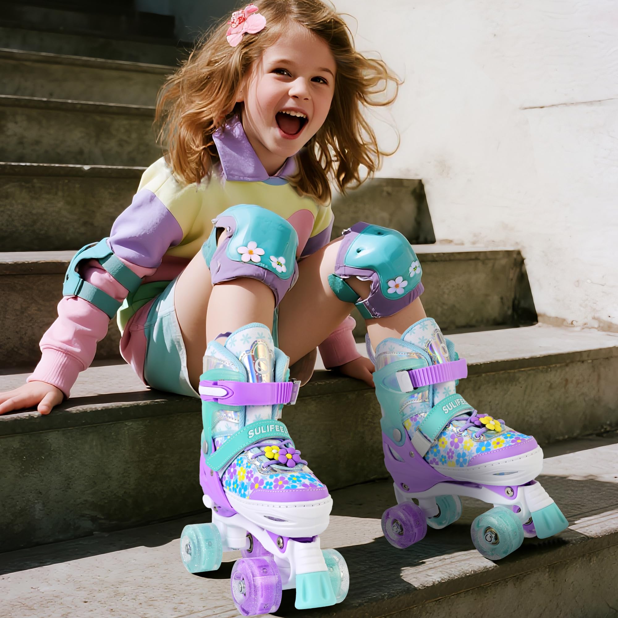 SULIFEEL Rainbow Unicorn 4 Size Adjustable Light up Roller Skates for Girls Boys for Kids