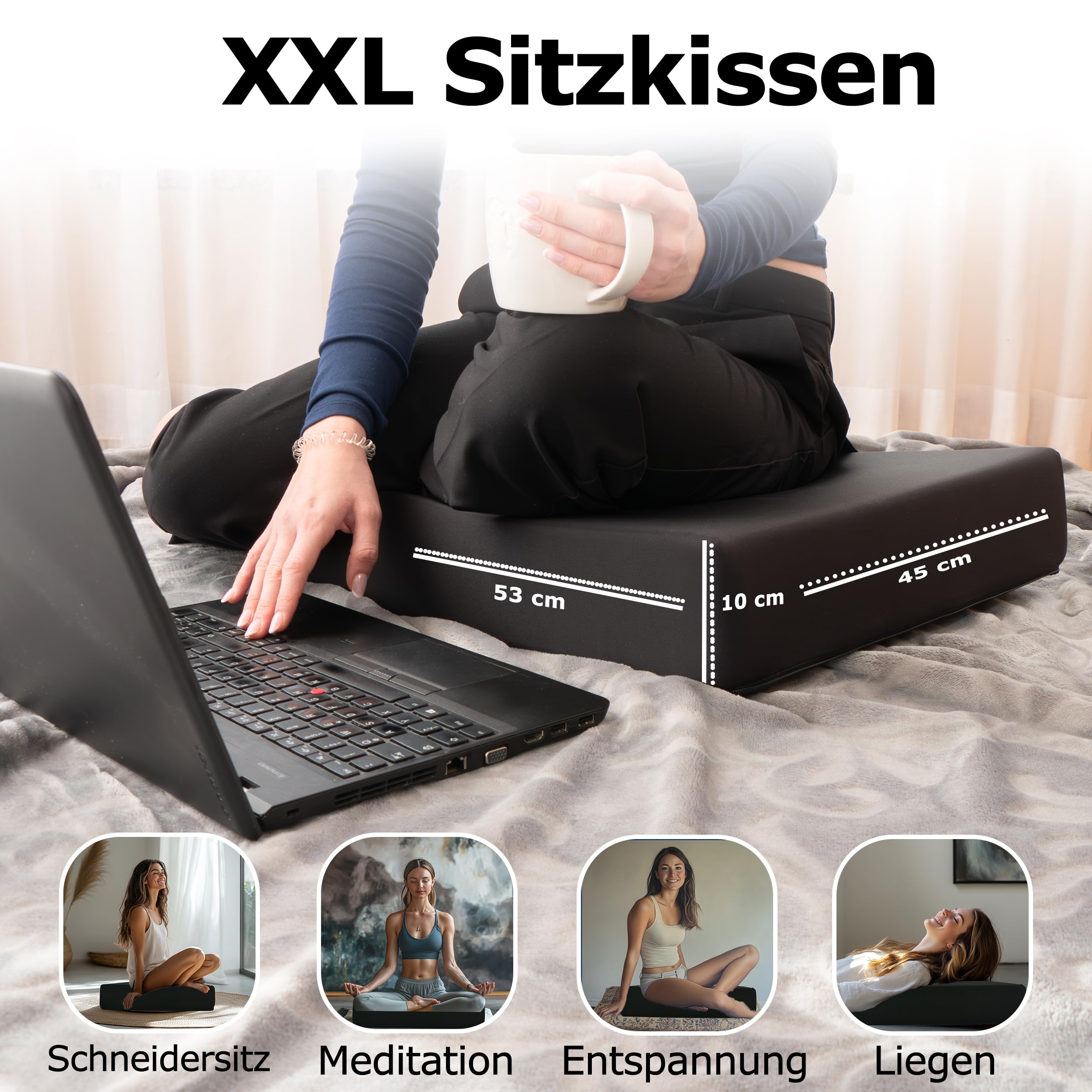 Orthopädisches Anti Dekubitus Viscoschaum Sitzkissen 52x45x10 cm – Made in Germany | Sitzpolster Ergonomisch & druckentlastend (RG 85 (mittel) Polyesterbezug schwarz)