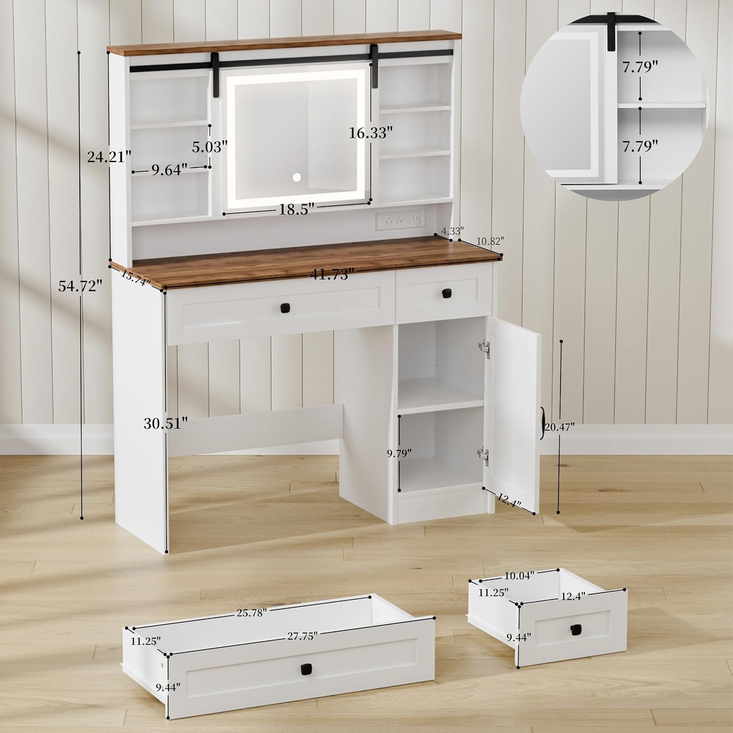 Modern Beauty LED Vanity Desk with Lighted Mirror, 3 Color Lighting Modes, Charging Panel, Storage Shelves, Makeup Desk with Adjustable Brightness.