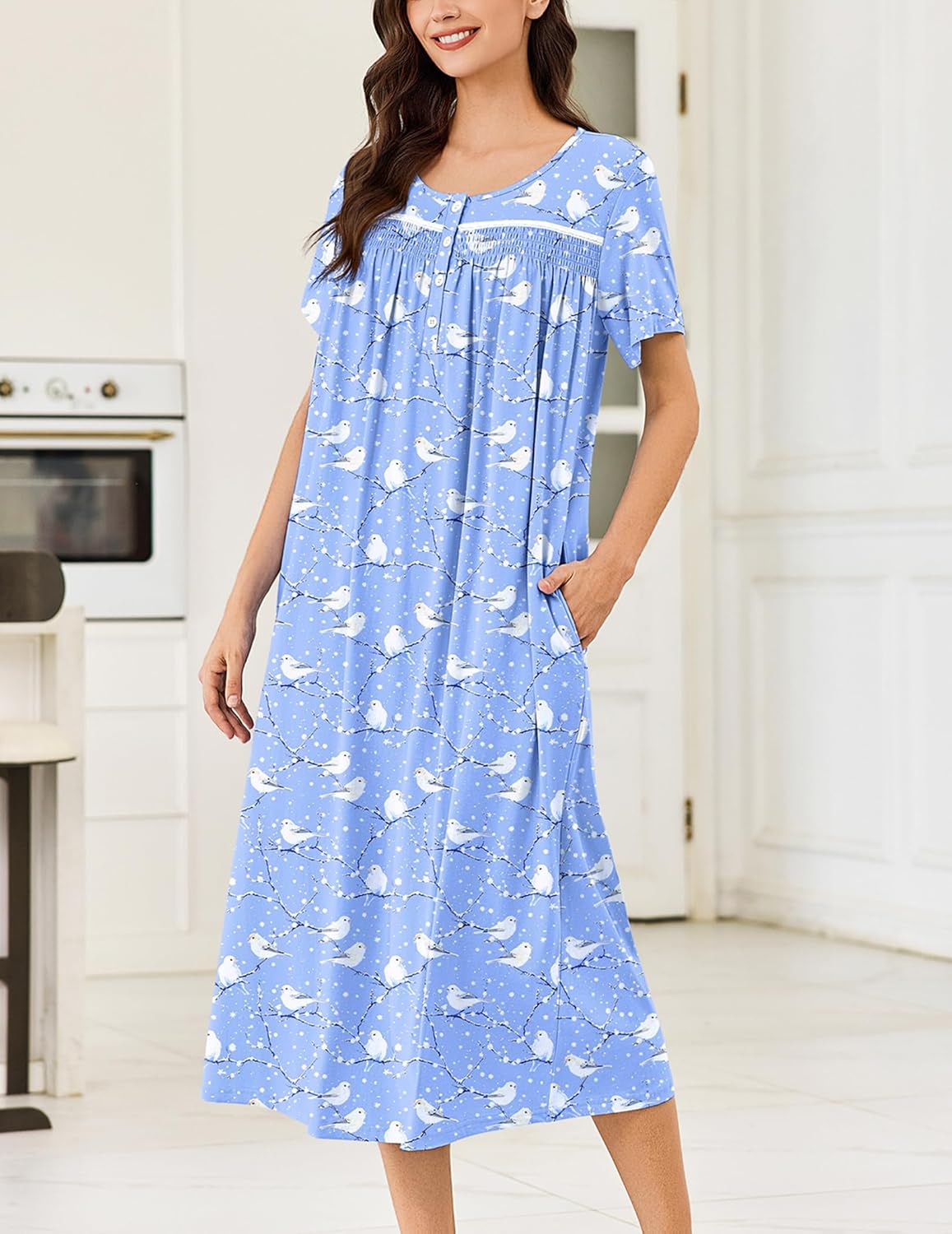 Ekouaer Cotton Nightgowns for Women Long Night Gown Short Sleeve Sleepdress Victorian Sleepwear Nightdress with Pockets - Image 3