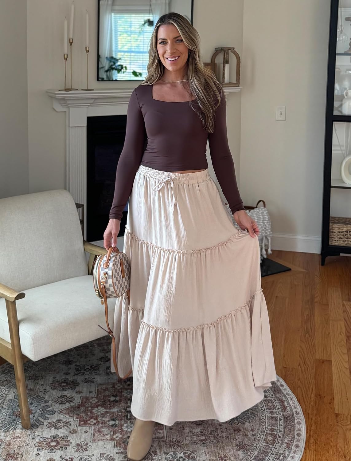 Arolina Women's Summer Maxi Skirt Trendy High Waist Pleated Ruffle Long Skirts Flowy Beach Boho Skirt Dress with Pockets