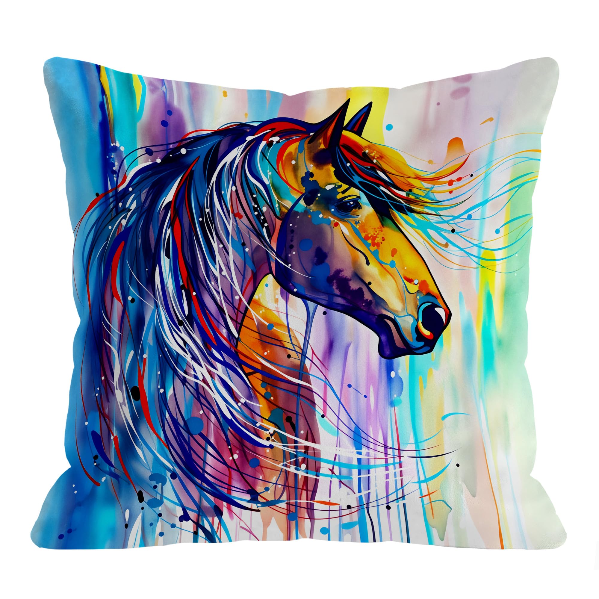 LASLEN Watercolor Splatter Horse Cushion Covers 45 x 45 cm Decorative Throw Pillow Covers Square Throw Pillow Case 18 x 18 Inch Pillowcases for Sofa Couch Bed Decor