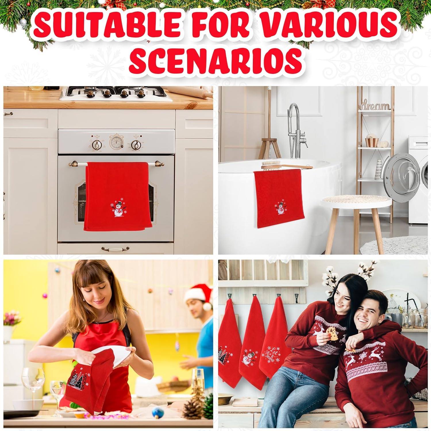 Tiamon 3 Pack Christmas Hand Towels for Bathroom Set Cotton Embroidered 13.7'' x 29.5'' Xmas Snowflake Dish Tea Fingertip Towel Cloths Decorative for Winter Holiday Kitchen Bath Gift (Red,Buffalo)